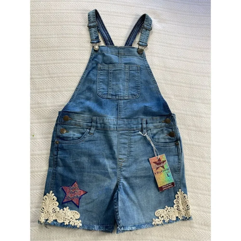 Vigoss Girls Large Crochet Hem Denim Shortall